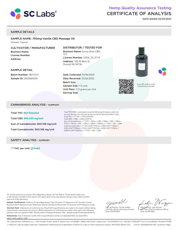 Sunny Skies 750mg CBD Massage Oil – Vanilla - Image 2